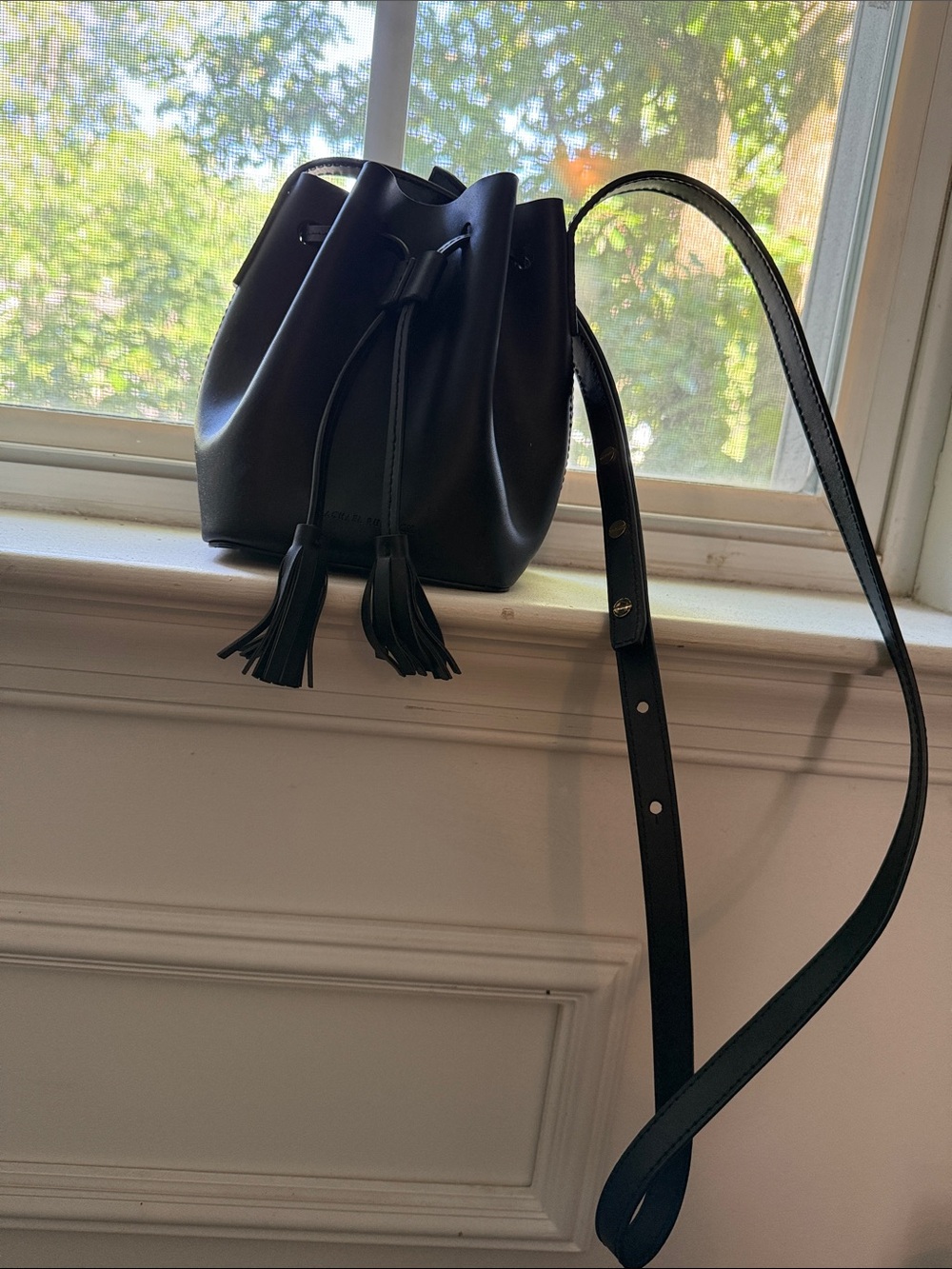Black Leather Drawstring Bucket Bag